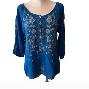 Johnny Was Teal-Blue Embroidered Boho Tunic
